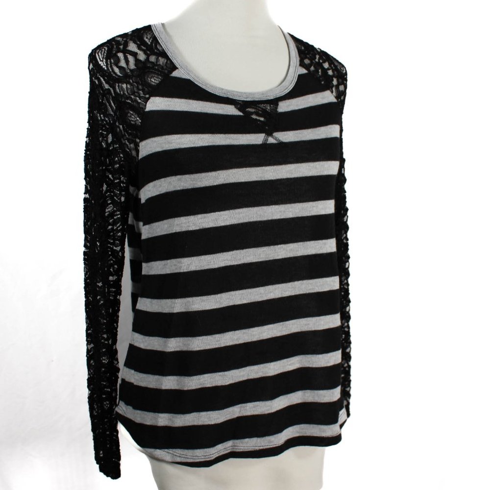 NWT Long Sleeve Black Light Gray Stripe Long Sleeve with Lace Detailing